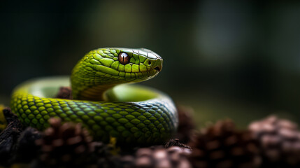 A green snake winding through pine cones in a rustic natural setting with a 2025 symbol