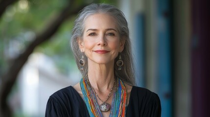 Beautiful Charming 55 year old tall woman supermodel outdoors outdoor park