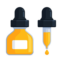 Yellow dropper bottle with pipette and droplet. Flat vector illustration isolated on white background with copy space. Ink, dye, colorant, tincture, reagent, essential oil, serum concept	
