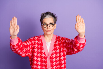 Photo portrait of lovely pensioner lady stop gesture hands stretch dressed stylish red garment...
