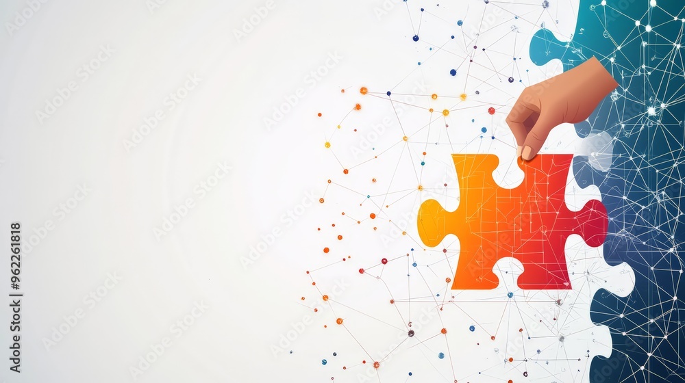Poster Minimalist business concept illustration with a hand placing a puzzle piece against a connected network background. Teamwork and problem-solving in a modern business environment.
