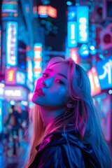 Obraz premium Beautiful young woman is immerse into the vibrant energy of a city night, where neon lights paint the streets with mesmerizing hues.