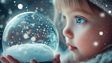 Naklejka premium Young child holds a shimmering snow globe filled with lights during a snowy evening in winter wonderland. Generative AI.