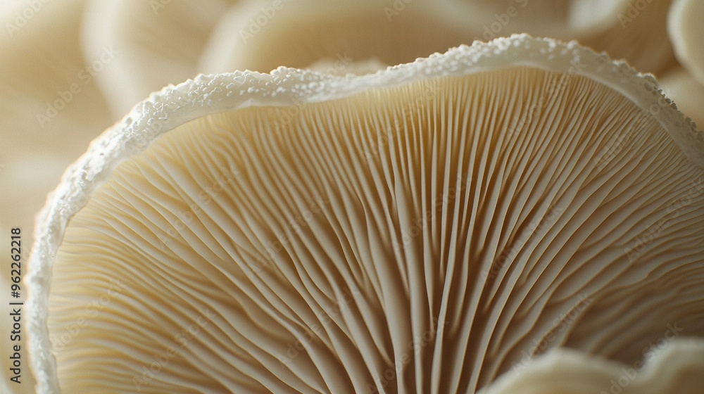 Poster   A close-up of a mushroom with a blurred image of the top part in the background