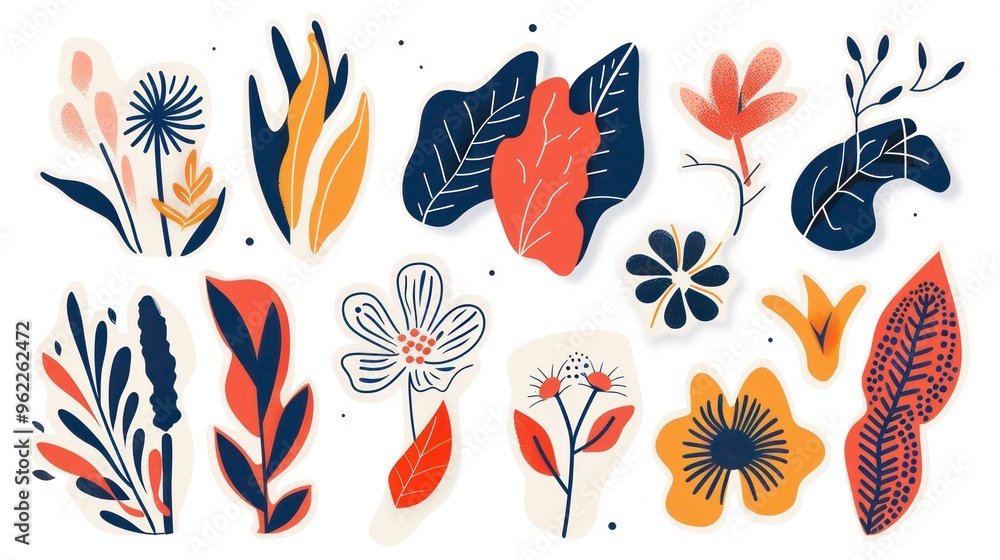Poster a collection of 14 hand-drawn floral elements in a modern style with bold colors and abstract shapes