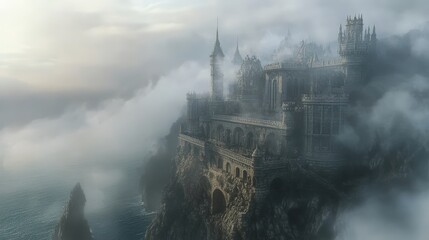 Fototapeta premium A stone castle shrouded in mist on a cliff above