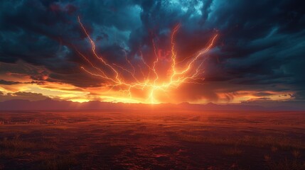 Fototapeta premium Lightning's abstract streaks light up the sky. Thunder rolls, signaling the storm's intensity.