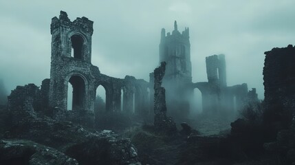 Obraz premium Ruined stone church shrouded in mist.