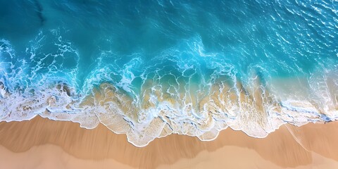 Fototapeta premium An overhead photo showcasing a tranquil beach with clear, blue water and soft, gentle waves meeting the sandy shore.