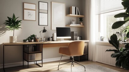 Detailed shot of a minimalist home office with a tidy desk, minimalistic decor, and a modern chair