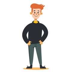 Obraz premium A cartoon boy is standing with his hands on his hips. He is wearing a black shirt and gray pants
