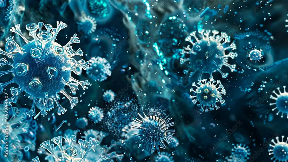 Poster exploring the intricate world of viruses under a microscope in stunning detail