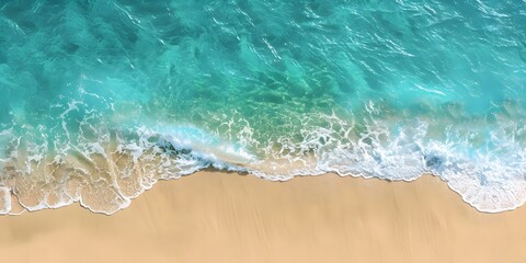 An overhead photo showcasing a tranquil beach with clear, blue water and soft, gentle waves meeting the sandy shore. 