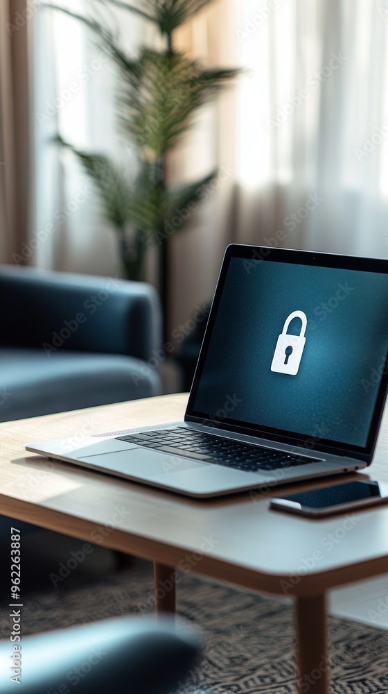 Poster laptop with a lock icon on the screen in a home office environment. secure data protection and priva