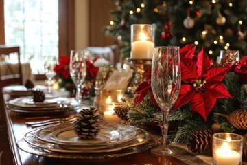 Elegant Christmas Dinner Table Setting with Poinsettias, Candles, and Pine Cones for Holiday Celebration