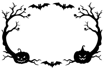 Halloween frames set with silhouettes of pumpkins, bats, spiderweb, tree branches. Halloween border collection isolated on white. Design element for card, poster, text decoration. Vector illustration.