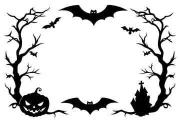 Halloween frames set with silhouettes of pumpkins, bats, spiderweb, tree branches. Halloween border collection isolated on white. Design element for card, poster, text decoration. Vector illustration.