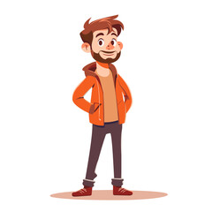 Obraz premium A man in an orange jacket is smiling and standing with his arms crossed. He is confident and happy