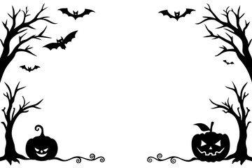Halloween frames set with silhouettes of pumpkins, bats, spiderweb, tree branches. Halloween border collection isolated on white. Design element for card, poster, text decoration. Vector illustration.