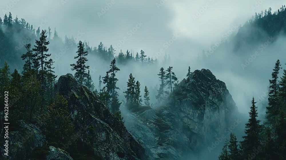 Poster a mountain capped in fog, its peak obscured by towering trees below low-lying clouds blanket the bas