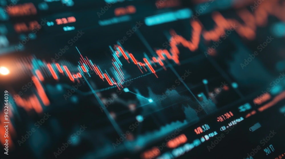 Poster detailed shot of a stock price graph with moving averages and volume indicators, on a financial webs