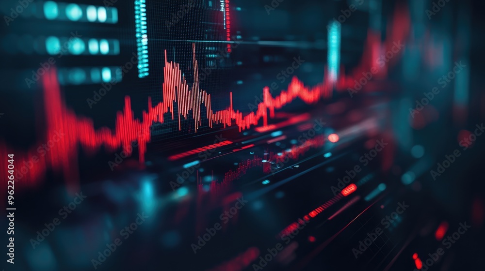 Poster detailed shot of a stock price graph with moving averages and volume indicators, on a financial webs