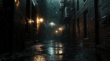 Dark, rainy alleyway with brick walls and streetlights.