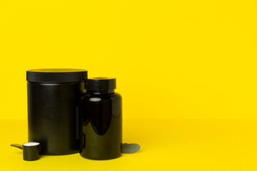 Jar with protein powder on color background. Sports nutrition concept