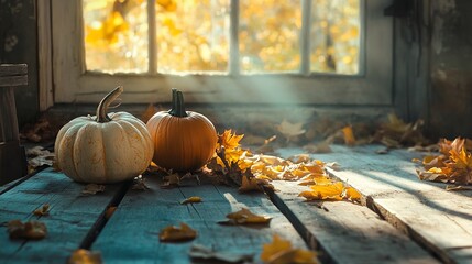 A rustic autumn still life with pumpkins and golden leaves on a wooden surface. Bright sunlight coming in from behind