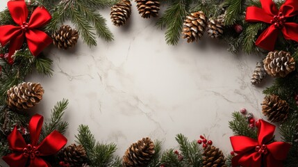 christmas banner mockup with festive garland, pine cones, red bows, and blank space for personalized greetings, perfect for holiday season design