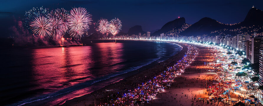 Vibrant New Year's Celebration at Copacabana Beach with Fireworks and Samba Music in Rio de Janeiro