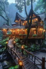 Fototapeta premium Ecotourism, misty, multi-level wooden house in a lush forest, warmly lit to create a cozy and serene atmosphere, perfect for forest lodges and tranquil retreats.