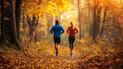 秋の森で走るランナー