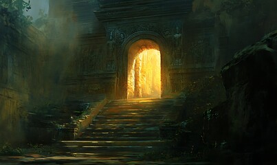 Obraz premium Ancient Stone Archway with Stairs Leading to Bright Light