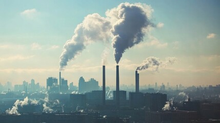 Detailed shot of industrial smoke rising from a factory chimney, with a city skyline and pollution effects