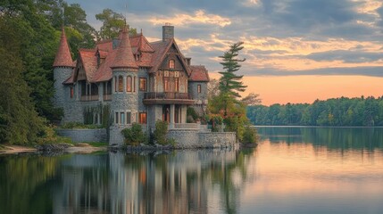 Stone castle on lakeside with sunset reflection.