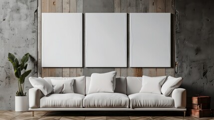 White sofa in a loft interior with three empty frames.