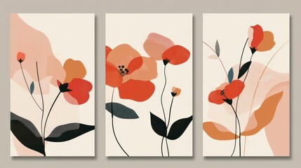 Set of three abstract floral illustrations with delicate flowers, leaves, and abstract shapes in soft colors on a white background.