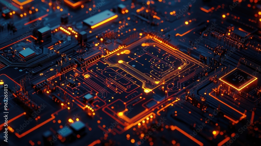 Poster detailed view of a circuit board with visible electrical wave patterns and glowing components