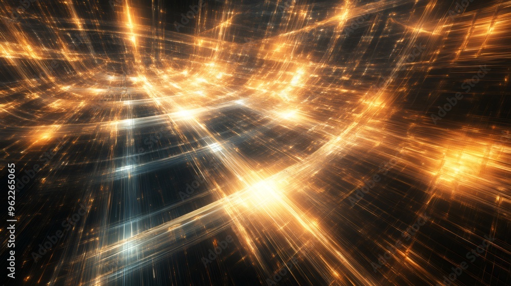 Poster abstract futuristic background with glowing lines and grids in warm color palette.