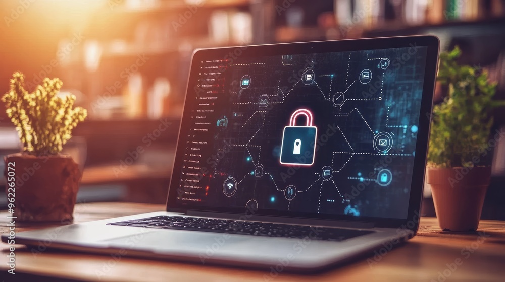 Aufkleber Laptop displaying a large lock icon on the screen, surrounded by network symbols, representing cyber security. Digital protection and secure data handling concept.