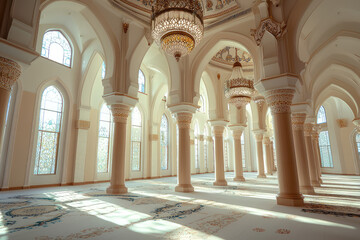 Fototapeta premium A Glimpse of Serenity: Sunlight Streams Through Stained Glass Windows in a Beautifully Decorated Mosque
