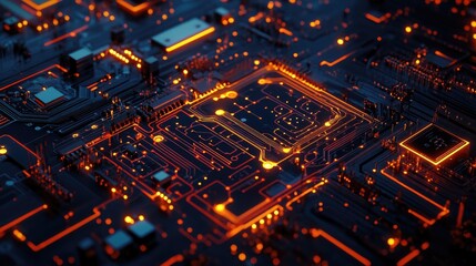 Obraz premium Detailed view of a circuit board with visible electrical wave patterns and glowing components