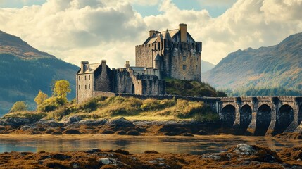 Fototapeta premium Stone castle on a rocky island with a bridge.