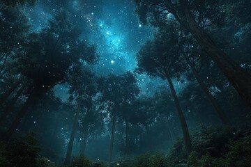Obraz premium Silhouetted trees in a misty forest under a starry sky.