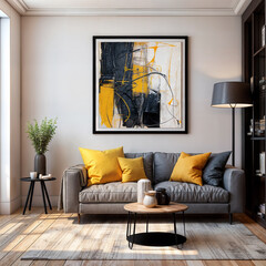Modern living room with large abstract painting on the wall