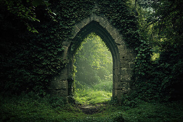 A forgotten stone archway, swallowed by vibrant ivy, beckons through a misty forest, promising secrets and untold stories.