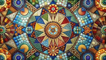 Colorful mosaic background with geometric shapes and intricate patterns