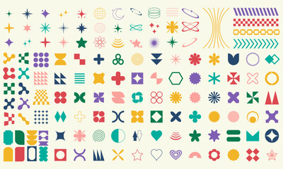 Big set of geometric elements for design. Trendy abstract minimalist figures, stars, flowers, circles. Vector illustration