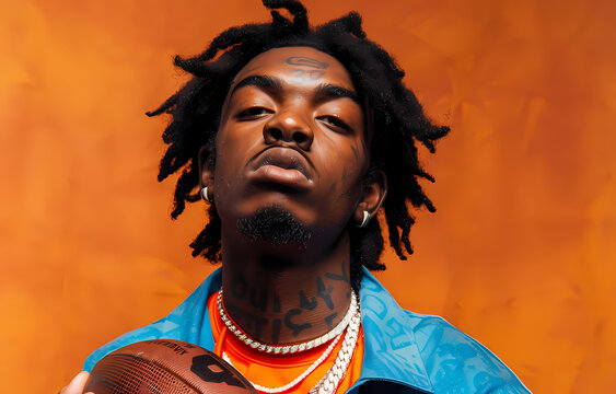 Man with dreadlocks gazing upward while holding a basketball.